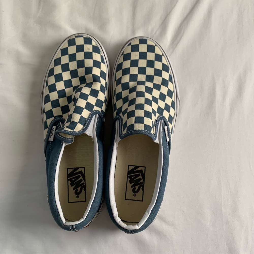 Denim colored checkered vans never worn